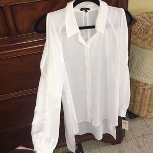 Long sleeve sheer open shoulder button high low